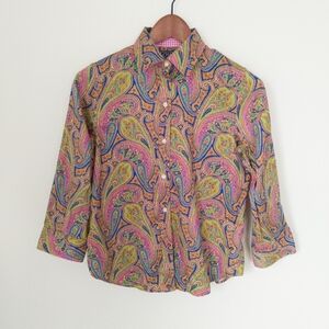 Chaps Classic No Iron Button Down Blouse Paisley Small Petite
